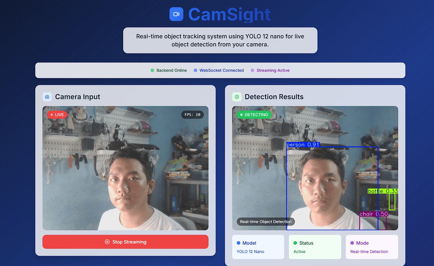 CamSight - Project screenshot showing A web application that provides real-time object d...