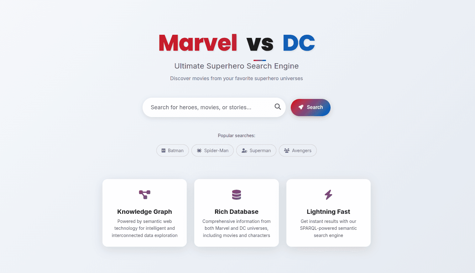 Marvel vs DC Film Search Engine - Project screenshot showing Semantic web application that provides intelligent...