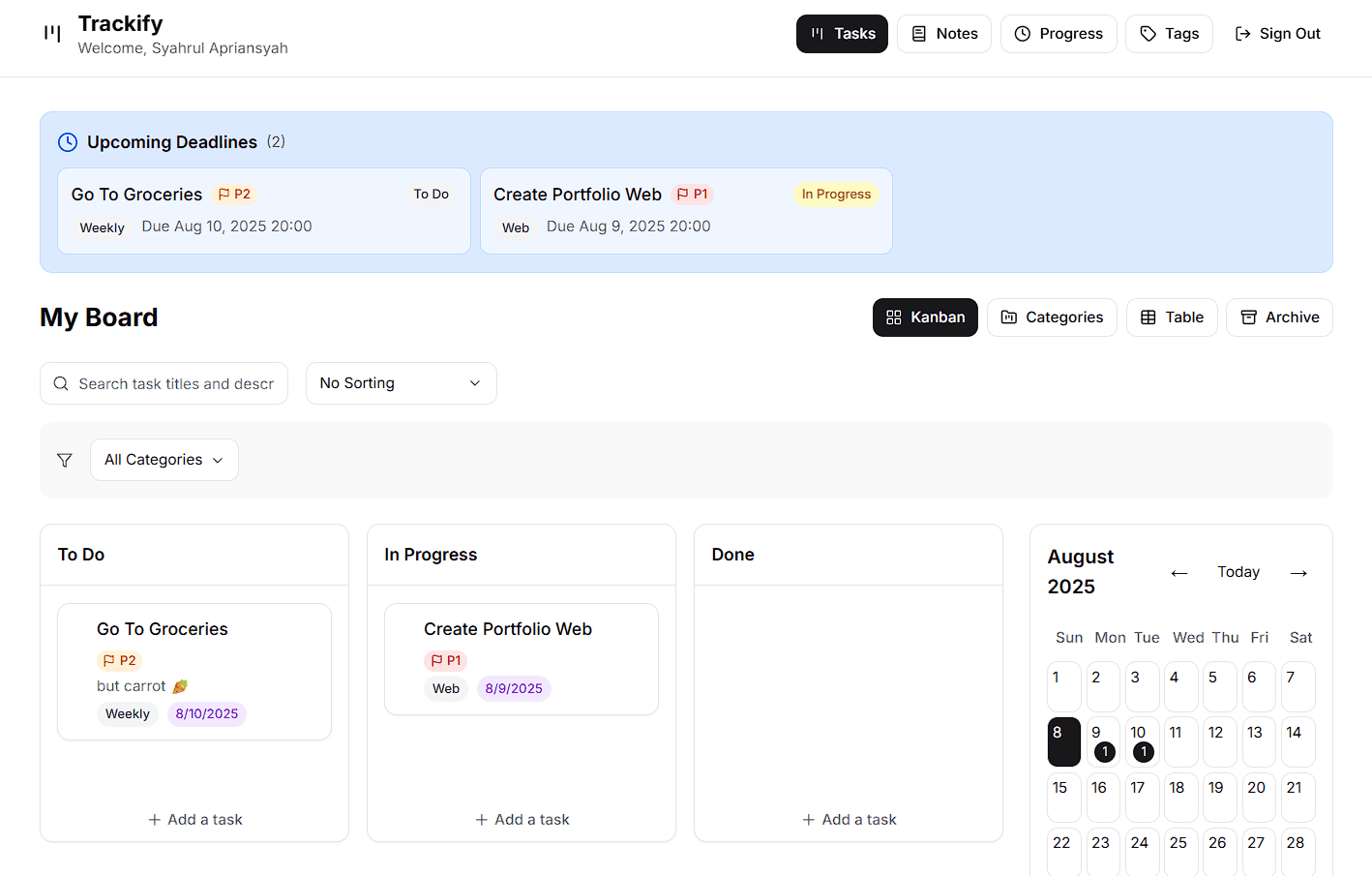 Trackify - Project screenshot showing A modern task and note management application that...